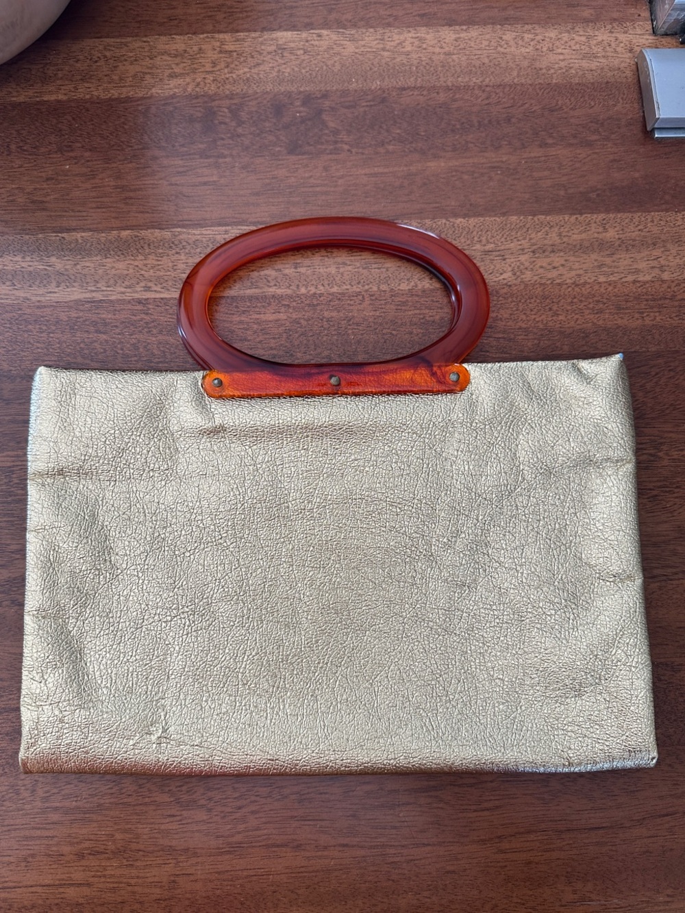 Vintage Gold Metallic Handbag with Amber Bakelite Oval Handles